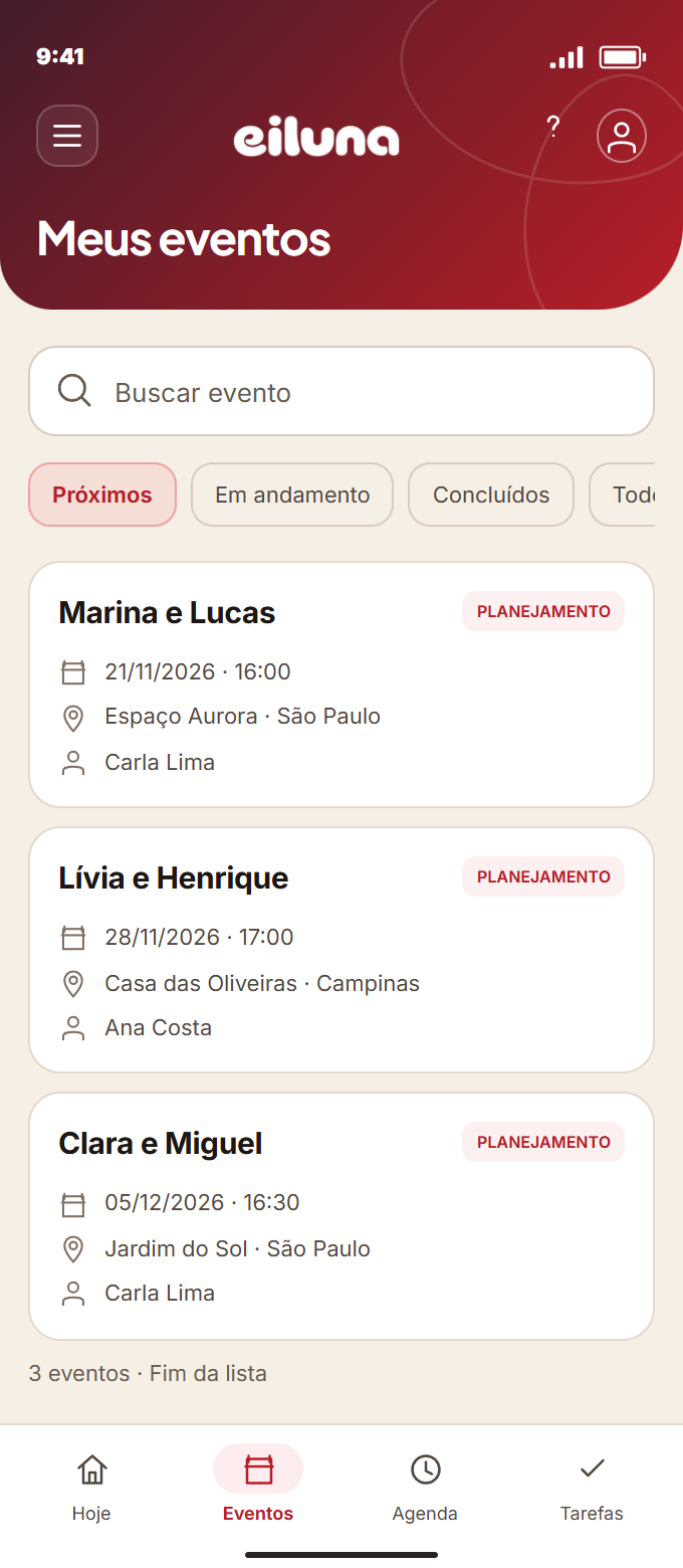 Prévia ilustrativa da lista de eventos com datas, locais e responsáveis.