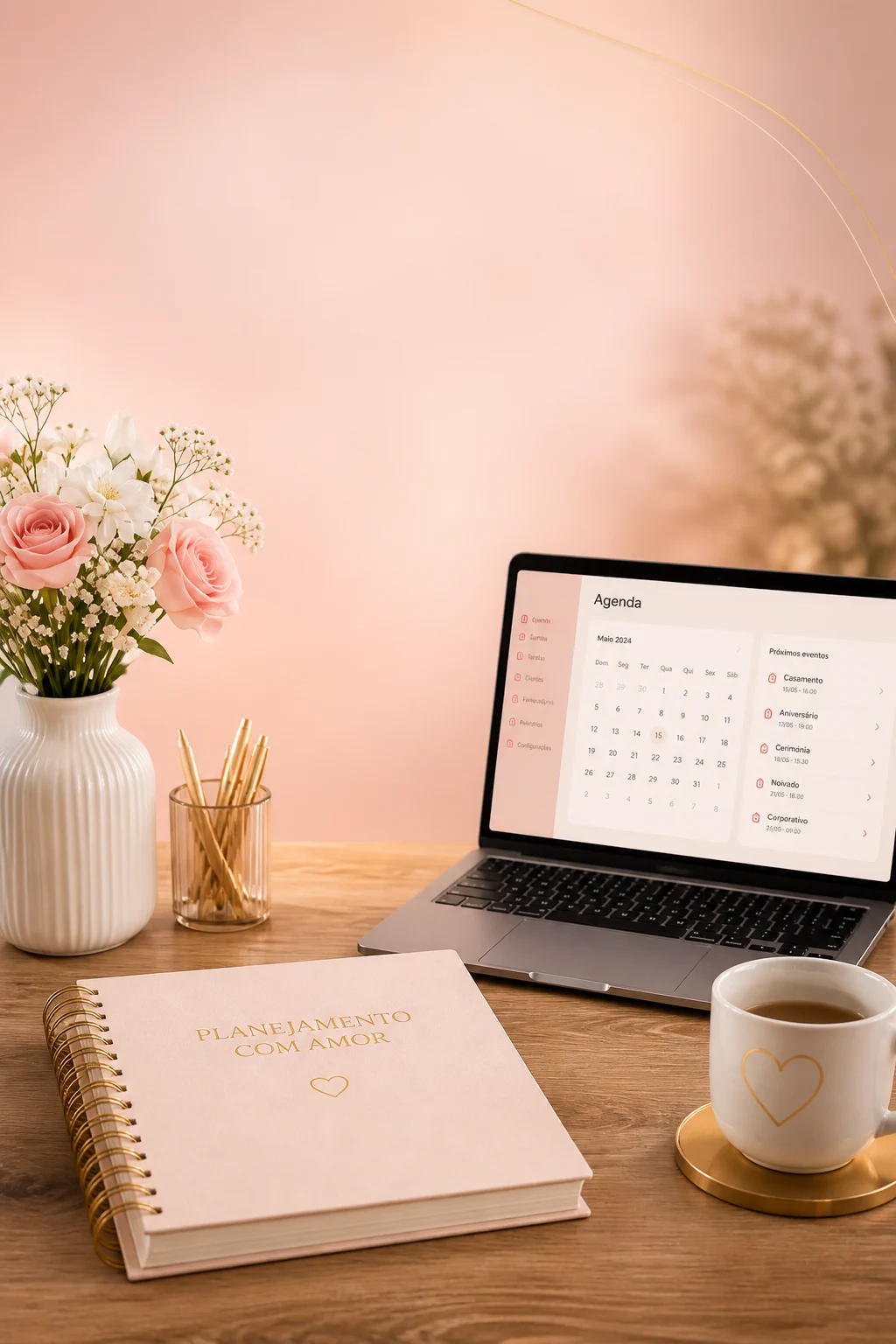 Mesa de trabalho de uma assessoria com agenda, flores e a plataforma aberta no notebook