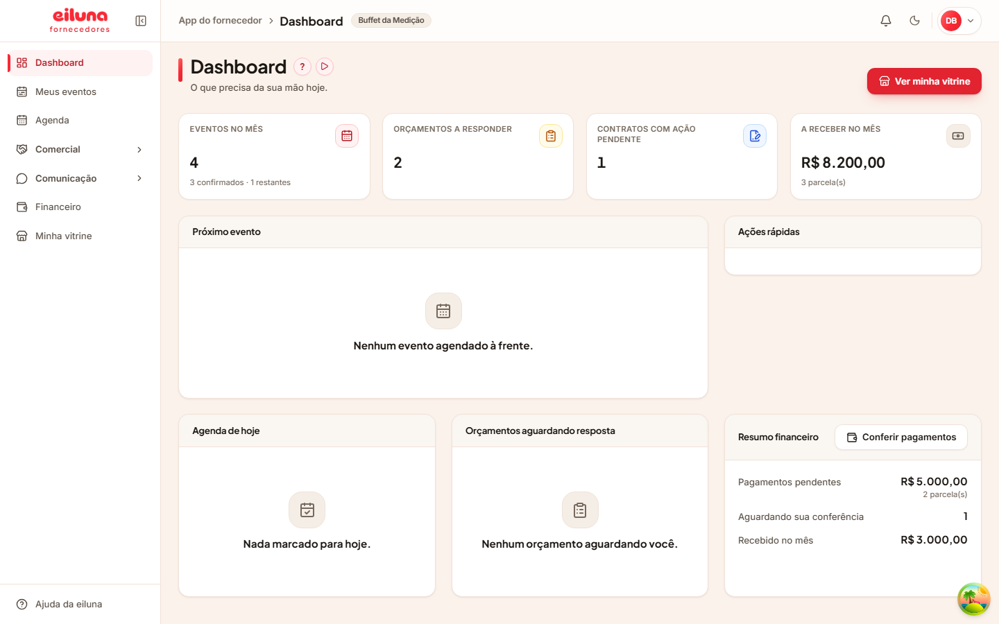 Dashboard da Eiluna para fornecedores com eventos, agenda, comercial, financeiro e vitrine